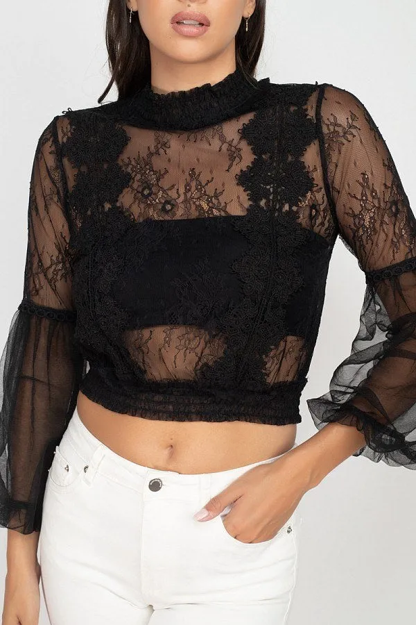 Lace Trim Balloon Sleeve Smocked Top