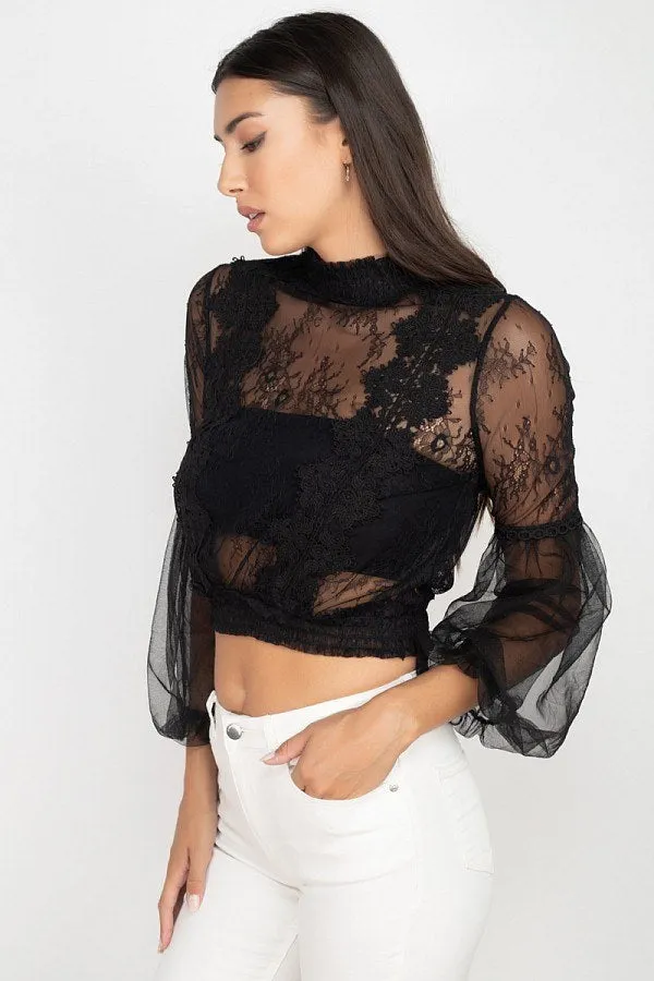 Lace Trim Balloon Sleeve Smocked Top