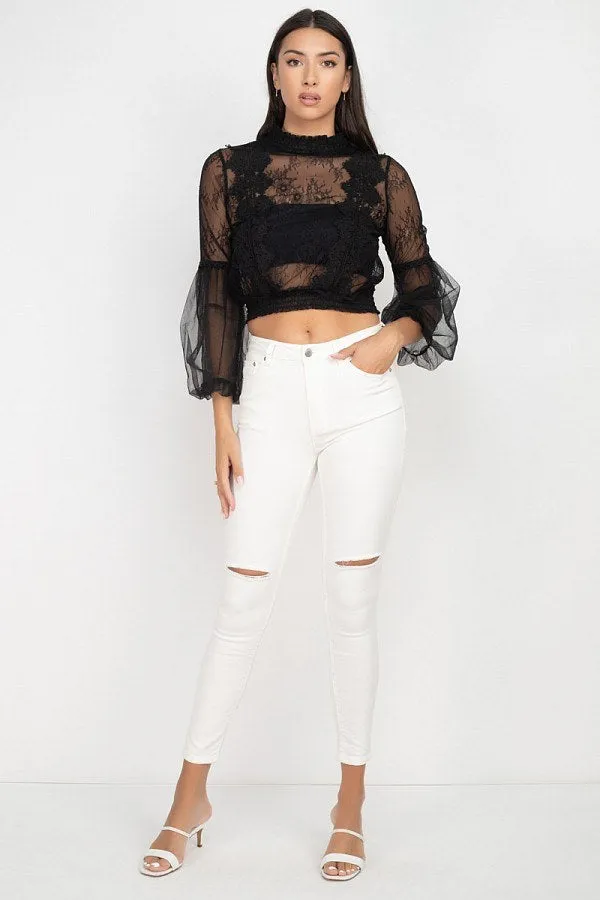 Lace Trim Balloon Sleeve Smocked Top