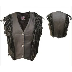 Ladies Black Naked Leather Braided Fringe Motorcycle Vest