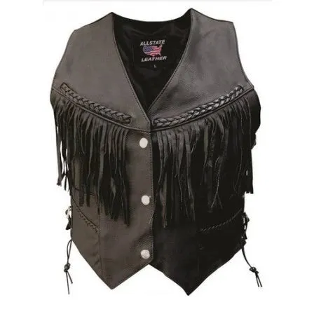 Ladies Black Naked Leather Braided Fringe Side Laced Motorcycle Vest