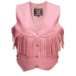 Ladies Pink Leather Fringe Motorcycle Vest with Braid