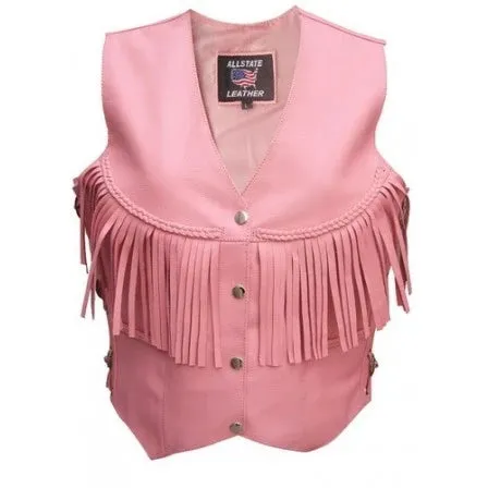 Ladies Pink Leather Fringe Motorcycle Vest with Braid