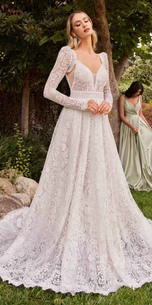 Ladivine CD862W Floor Length Lace A-Line Bridal Gown Removable Sleeves