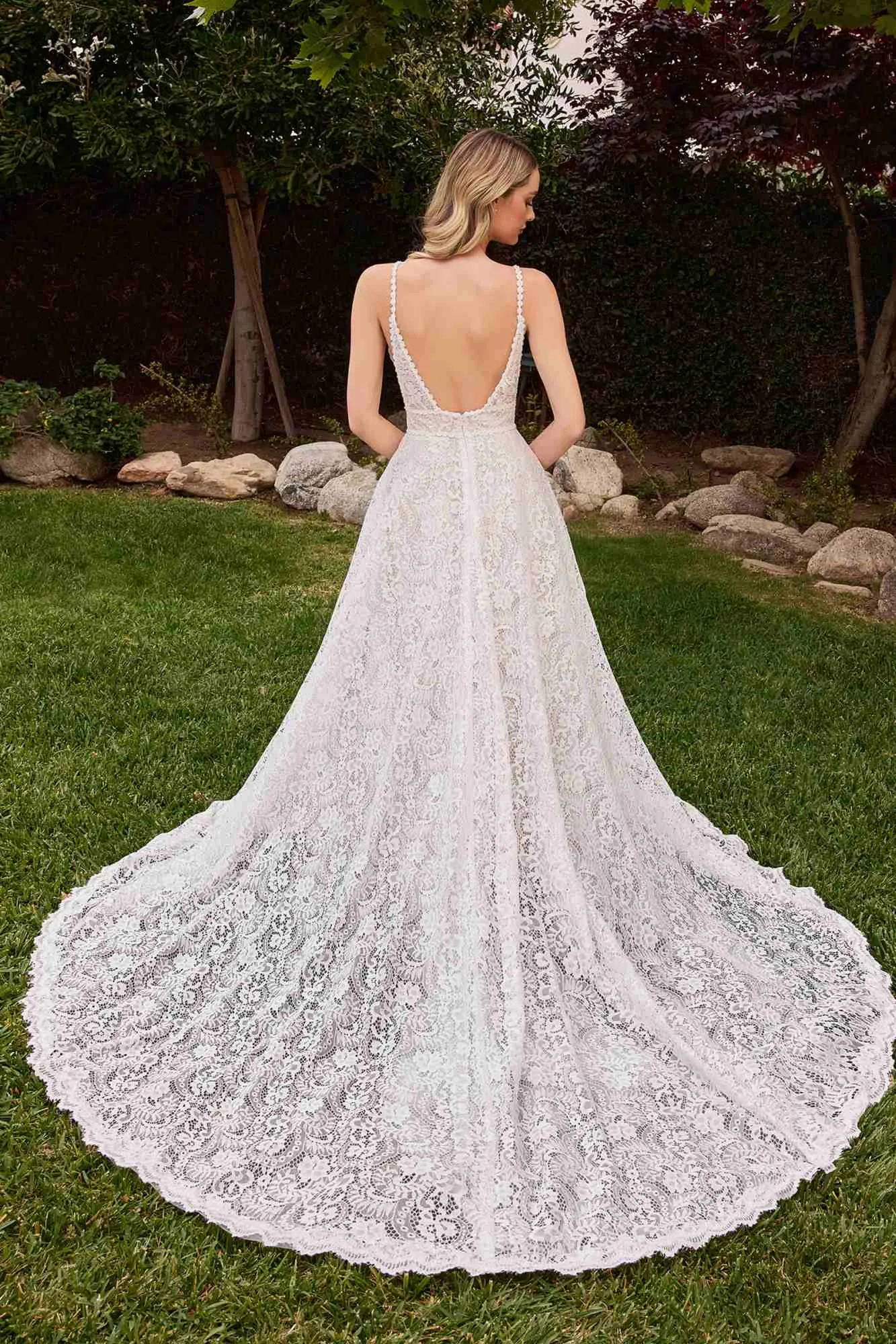 Ladivine CD862W Floor Length Lace A-Line Bridal Gown Removable Sleeves
