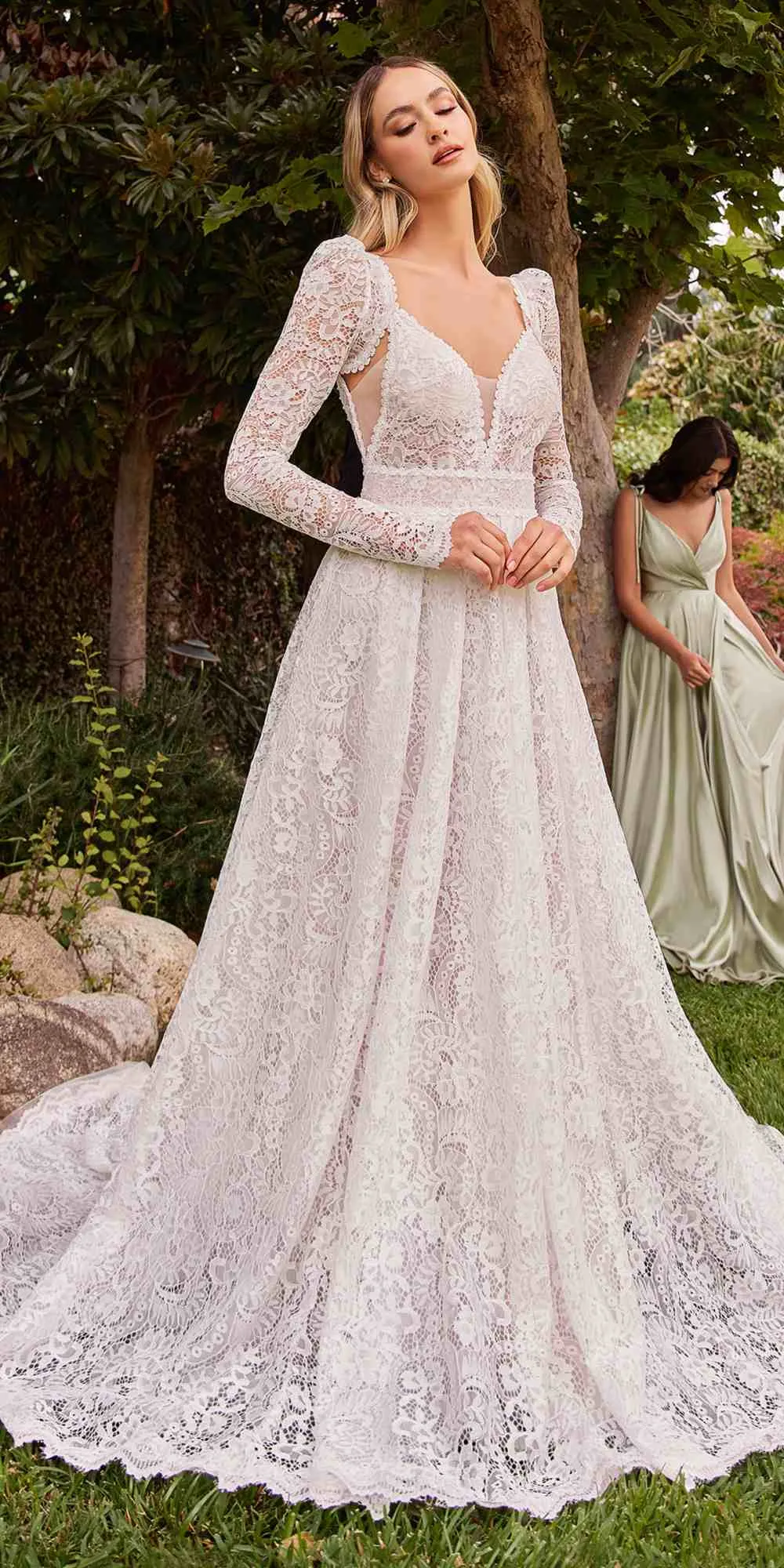Ladivine CD862W Floor Length Lace A-Line Bridal Gown Removable Sleeves