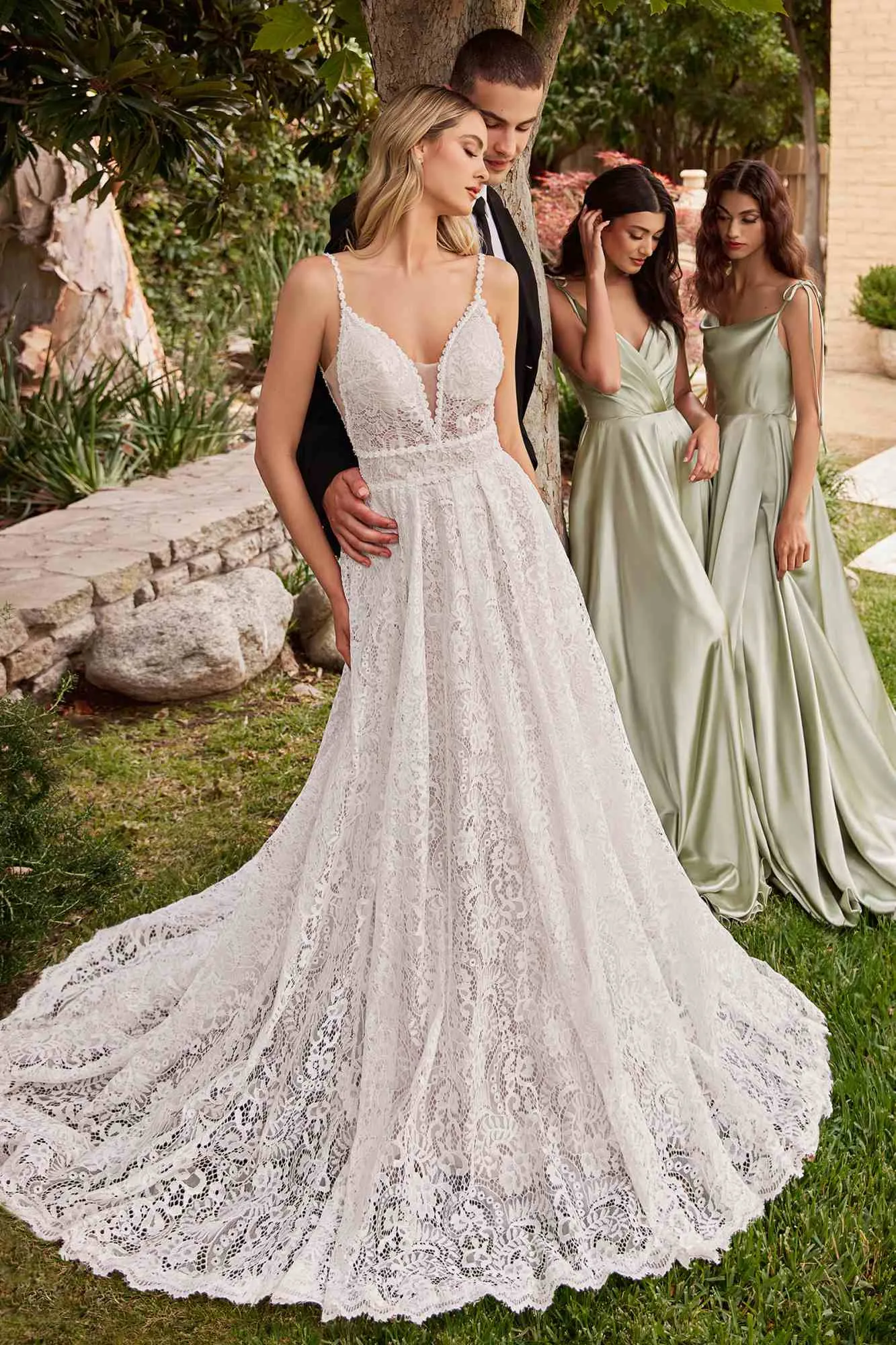 Ladivine CD862W Floor Length Lace A-Line Bridal Gown Removable Sleeves