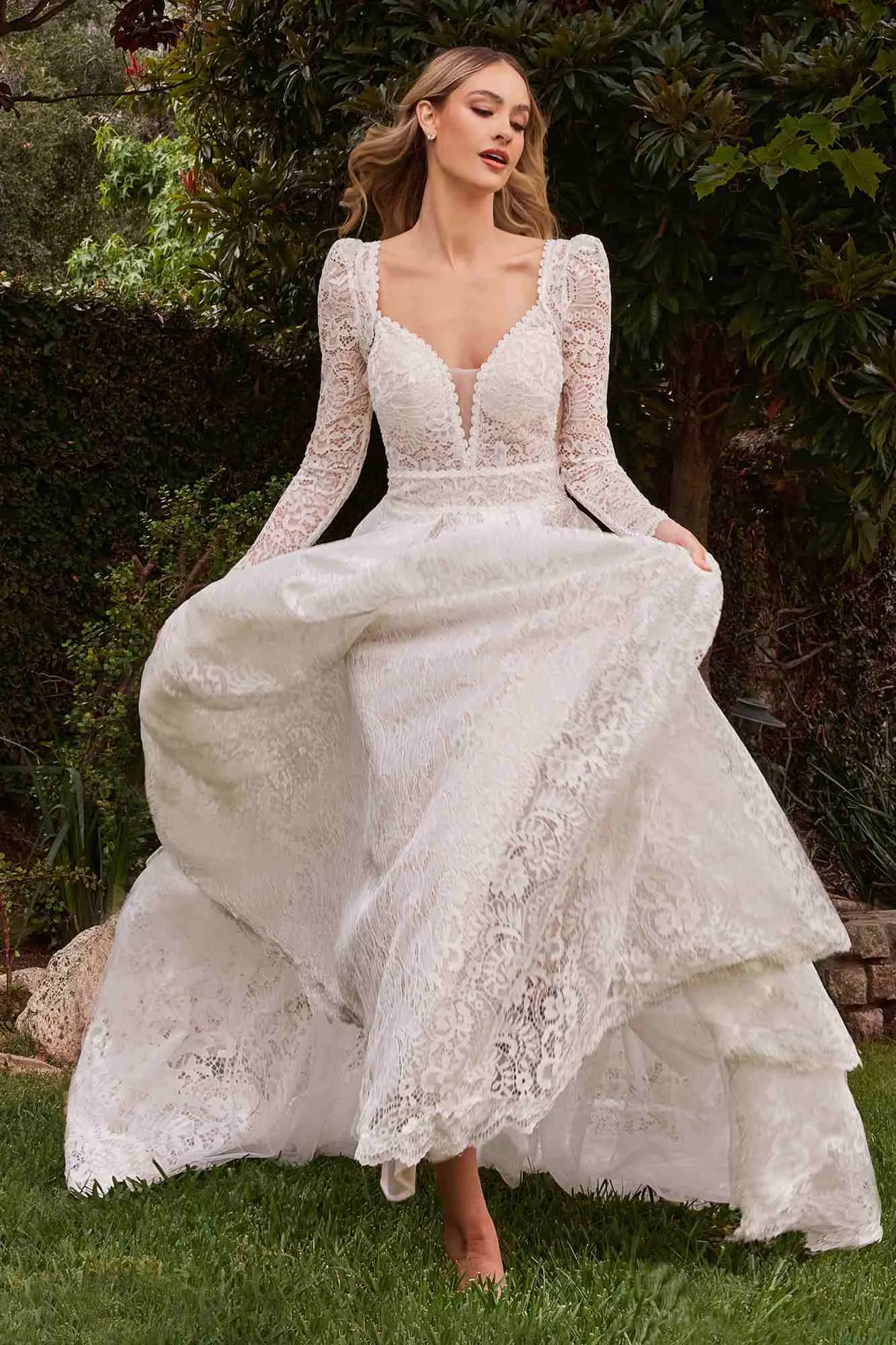 Ladivine CD862W Floor Length Lace A-Line Bridal Gown Removable Sleeves