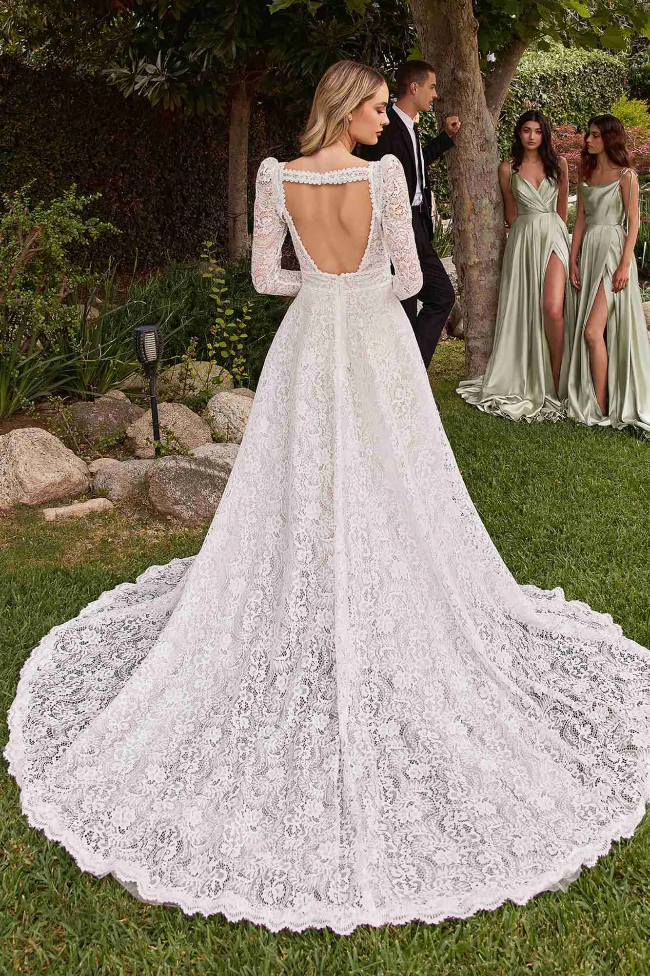 Ladivine CD862W Floor Length Lace A-Line Bridal Gown Removable Sleeves
