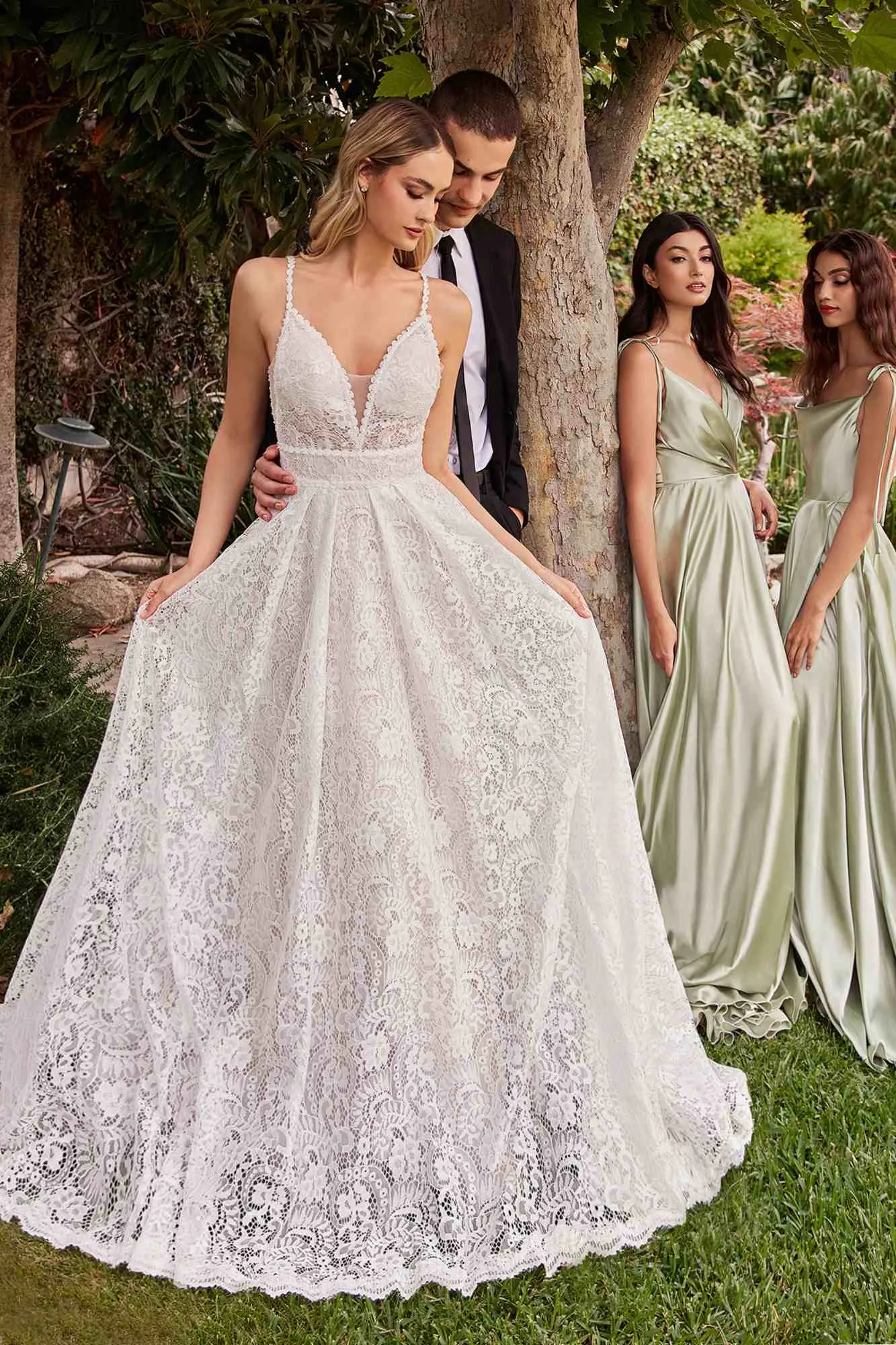 Ladivine CD862W Floor Length Lace A-Line Bridal Gown Removable Sleeves