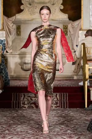 Laminated Metallic Gold Lace Cape Sleeve Dress