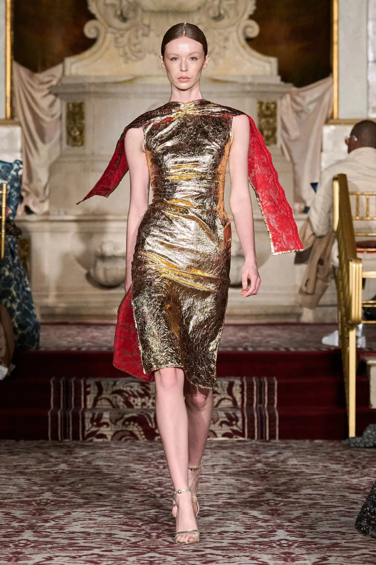 Laminated Metallic Gold Lace Cape Sleeve Dress