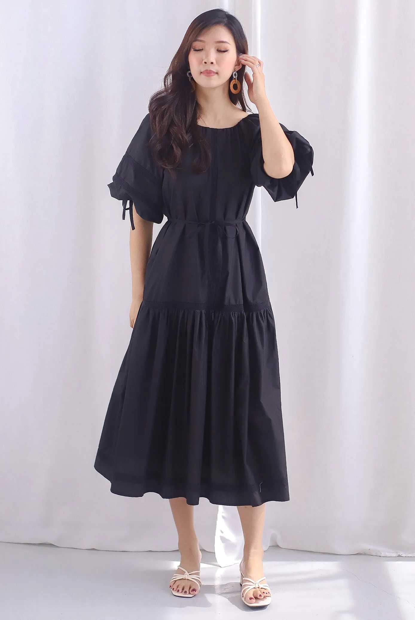 Laney Crochet Stripe Drop Hem Maxi Dress In Black