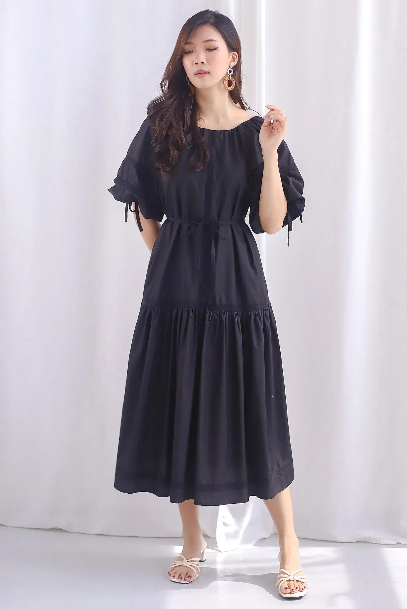 Laney Crochet Stripe Drop Hem Maxi Dress In Black