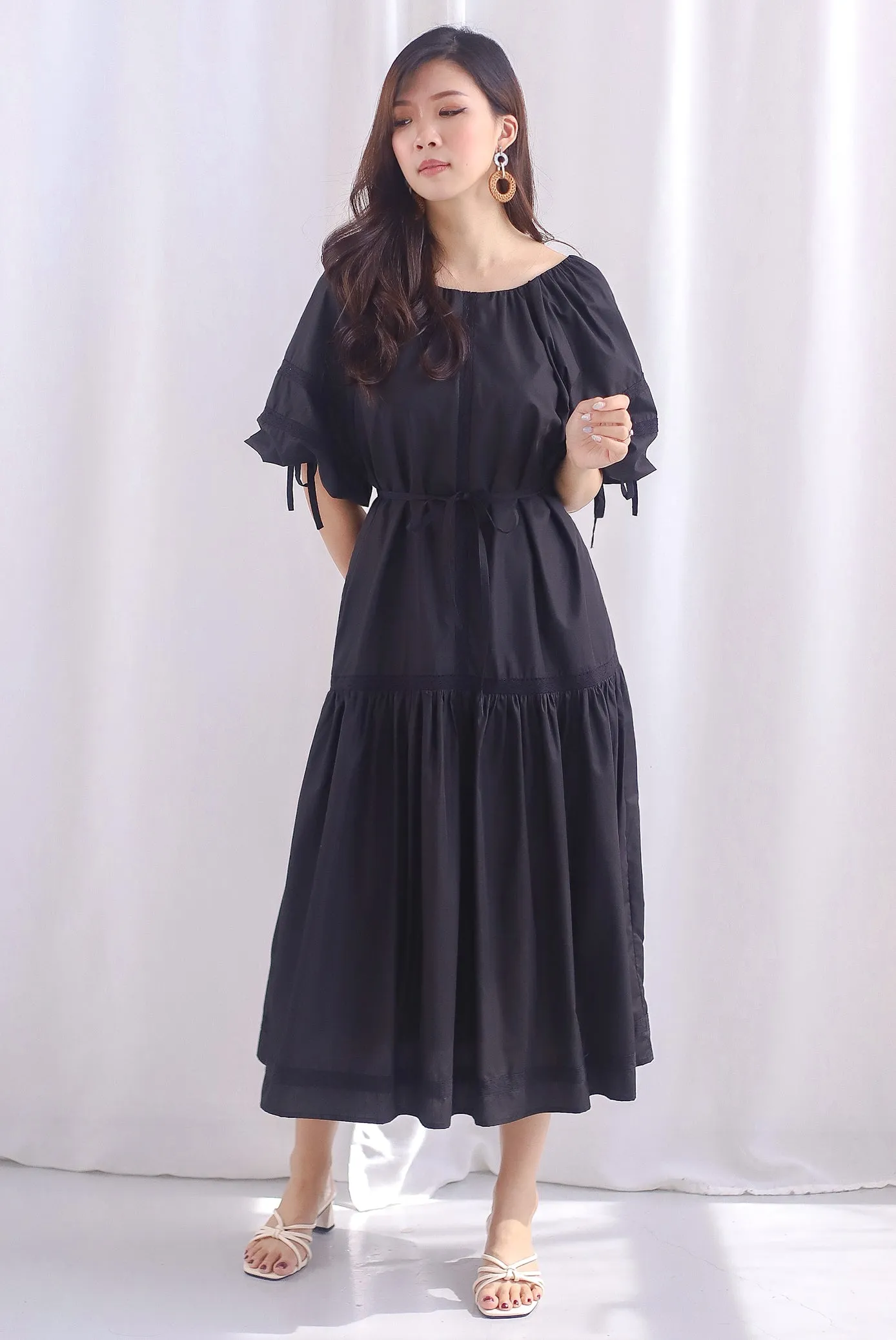 Laney Crochet Stripe Drop Hem Maxi Dress In Black