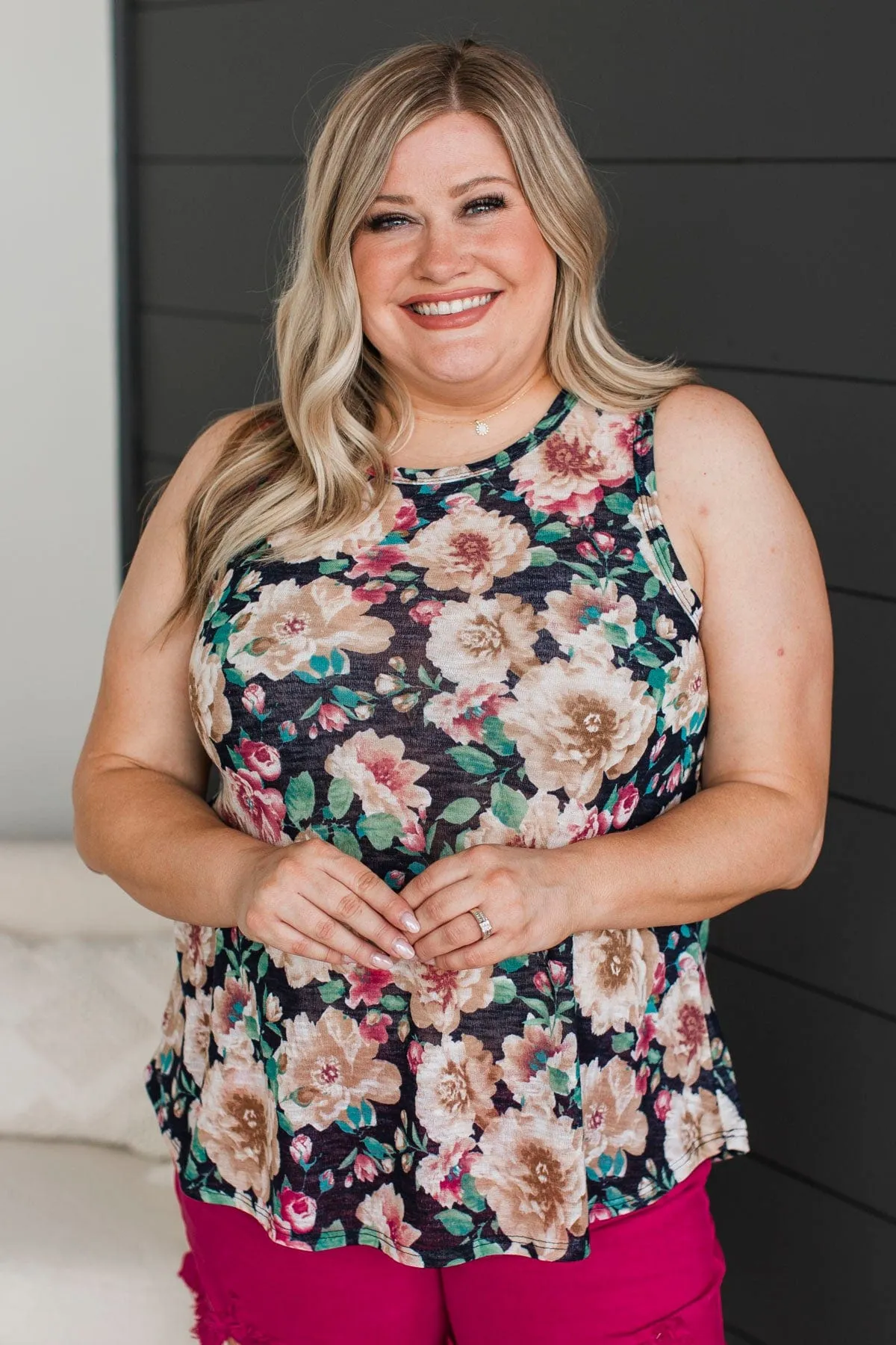 Late Night Laughs Floral Tank Top- Black