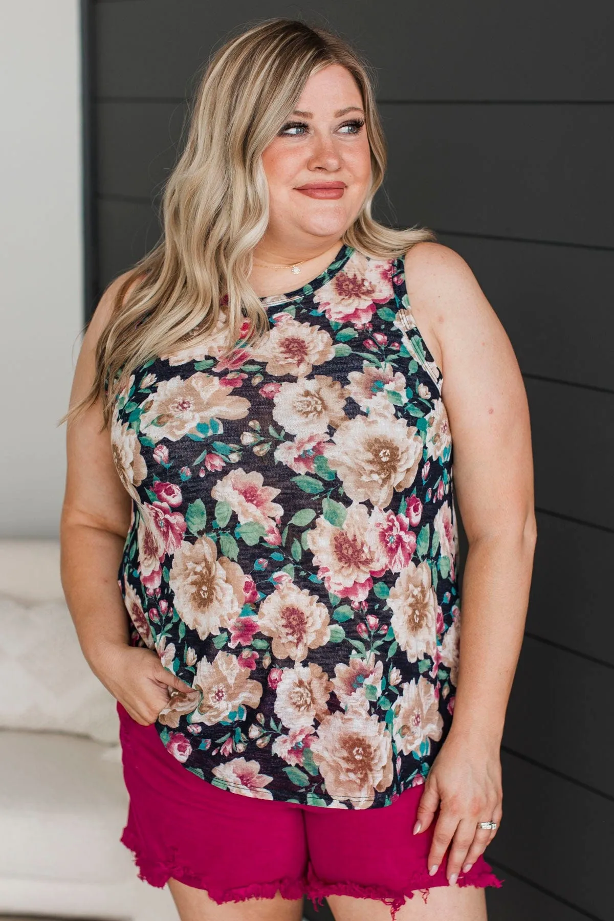 Late Night Laughs Floral Tank Top- Black