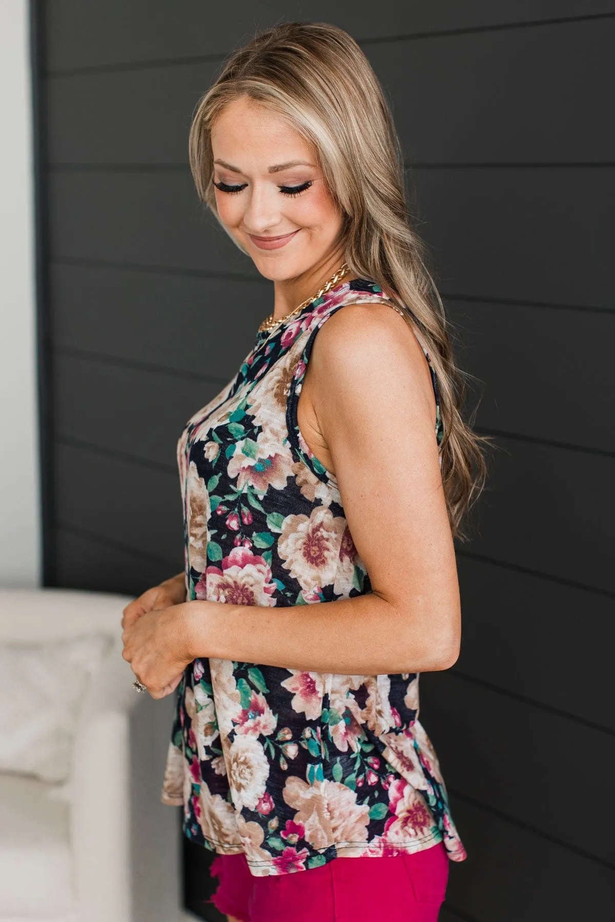 Late Night Laughs Floral Tank Top- Black