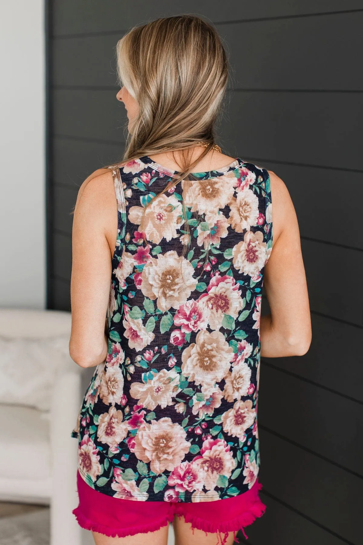 Late Night Laughs Floral Tank Top- Black