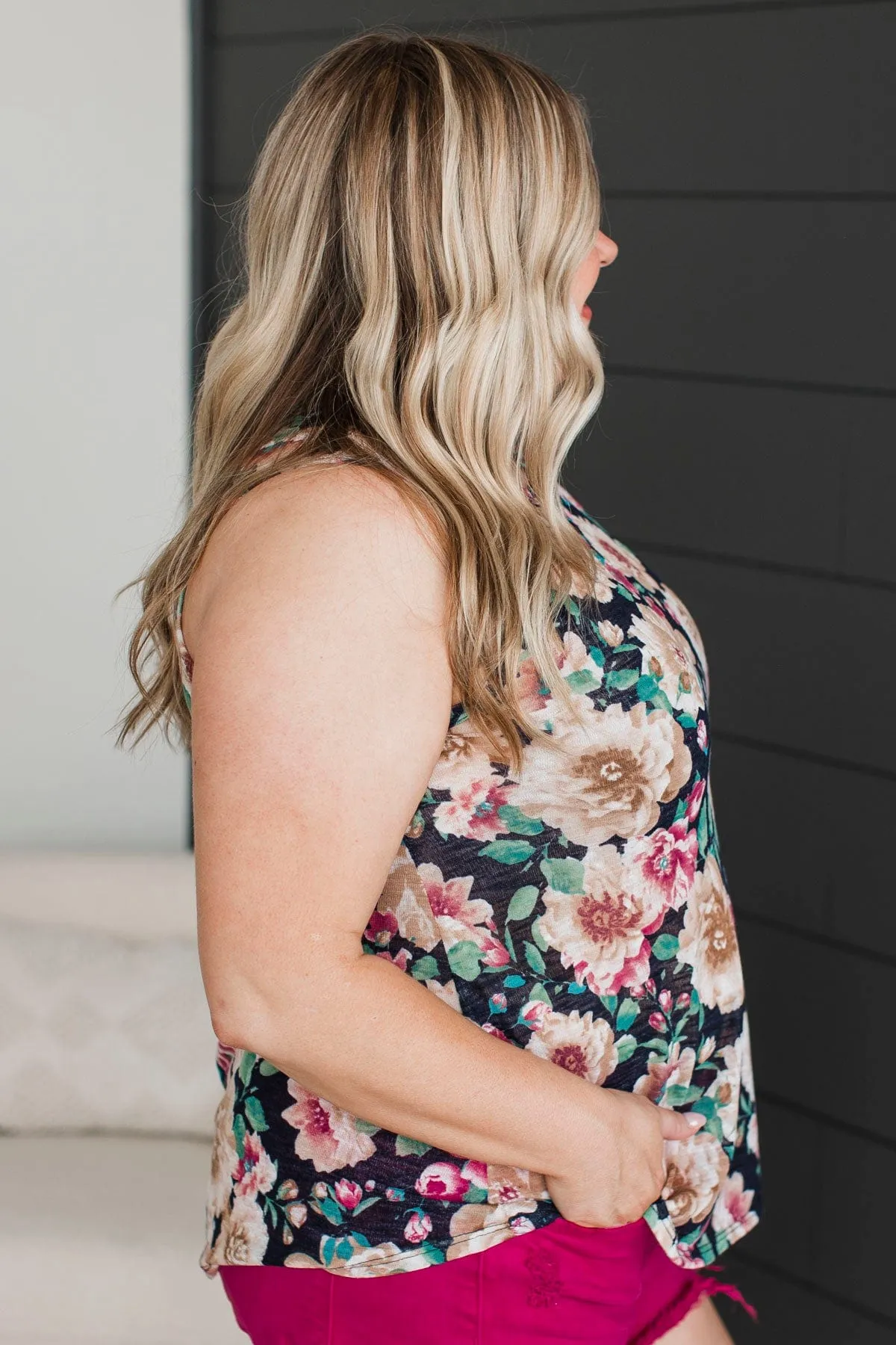 Late Night Laughs Floral Tank Top- Black