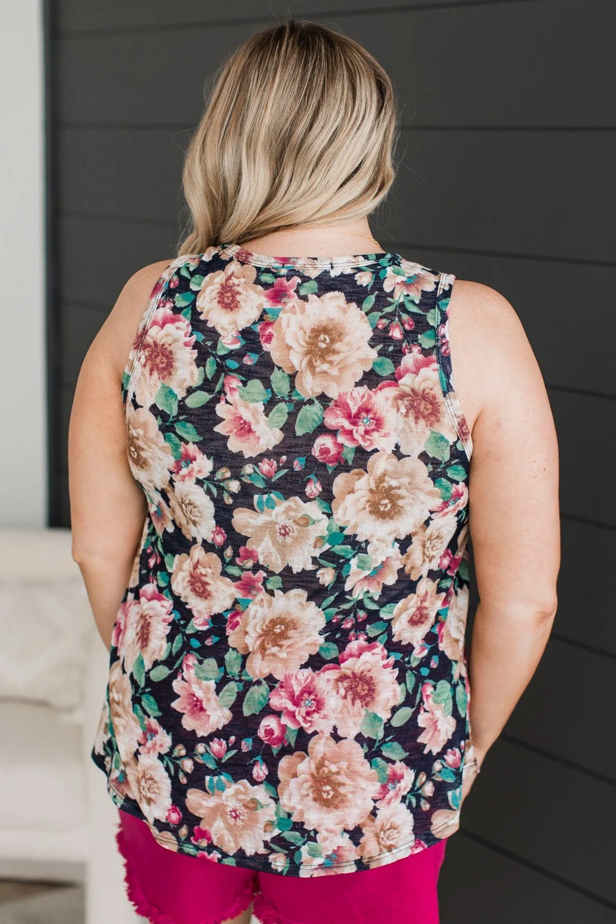 Late Night Laughs Floral Tank Top- Black