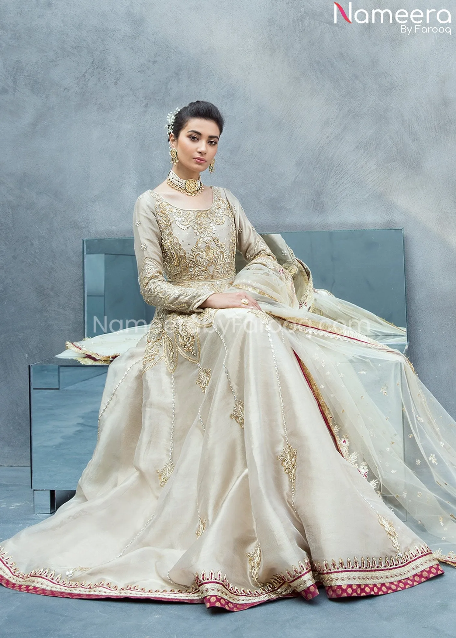Latest Pakistani Bridal Pishwas in Gold Color #BS107