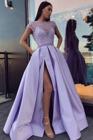 Lavender Satin A-line Beaded Long Prom Dresses, Evening Dresses With Slit, MP700
