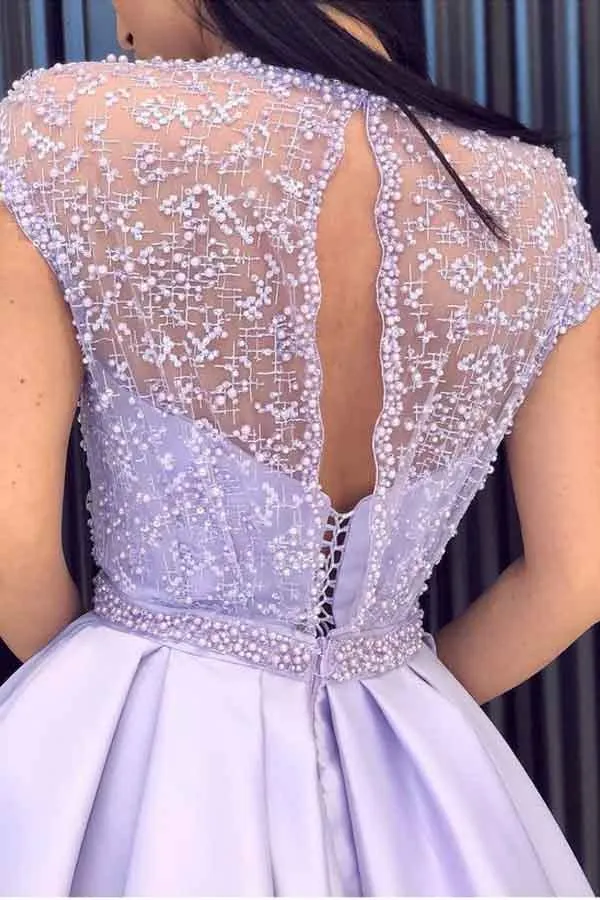 Lavender Satin A-line Beaded Long Prom Dresses, Evening Dresses With Slit, MP700