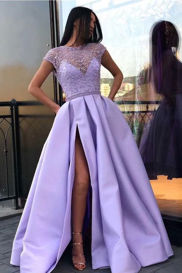 Lavender Satin A-line Beaded Long Prom Dresses, Evening Dresses With Slit, MP700