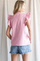 Leatherette Top W/ Slit Neck, Ruffled Shoulder