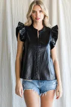 Leatherette Top W/ Slit Neck, Ruffled Shoulder