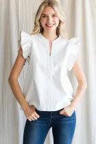 Leatherette Top W/ Slit Neck, Ruffled Shoulder
