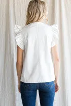 Leatherette Top W/ Slit Neck, Ruffled Shoulder