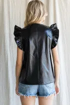 Leatherette Top W/ Slit Neck, Ruffled Shoulder