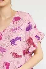 Leopard Print V-Neck SS Top W/Ruffle Detail Sleeves
