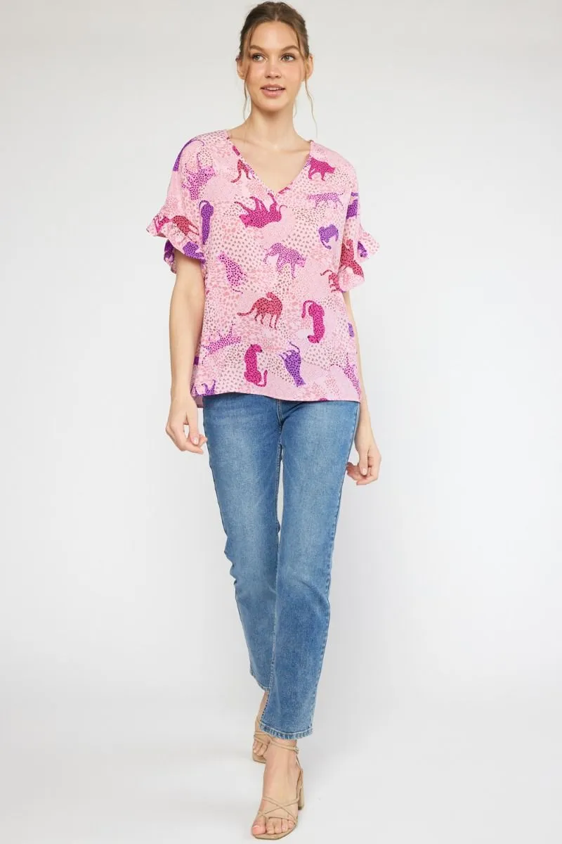 Leopard Print V-Neck SS Top W/Ruffle Detail Sleeves