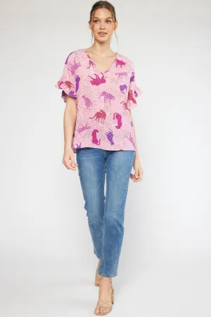 Leopard Print V-Neck SS Top W/Ruffle Detail Sleeves
