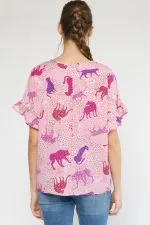Leopard Print V-Neck SS Top W/Ruffle Detail Sleeves