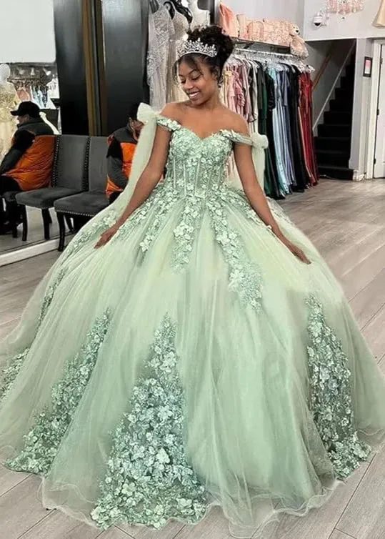 Letitia | Ball Gown  Lace Off the Shoulder Sage Green Quinceanera Dress