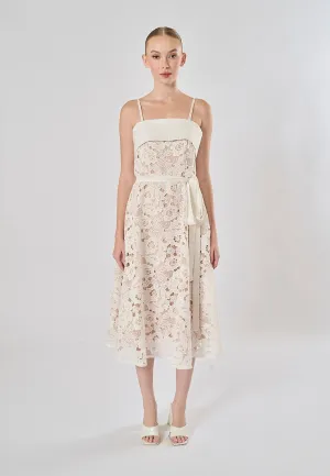 Levant White Floral Embroidery Stitching Lace Up Waist Slimming Camisole Gown Maxi Dress