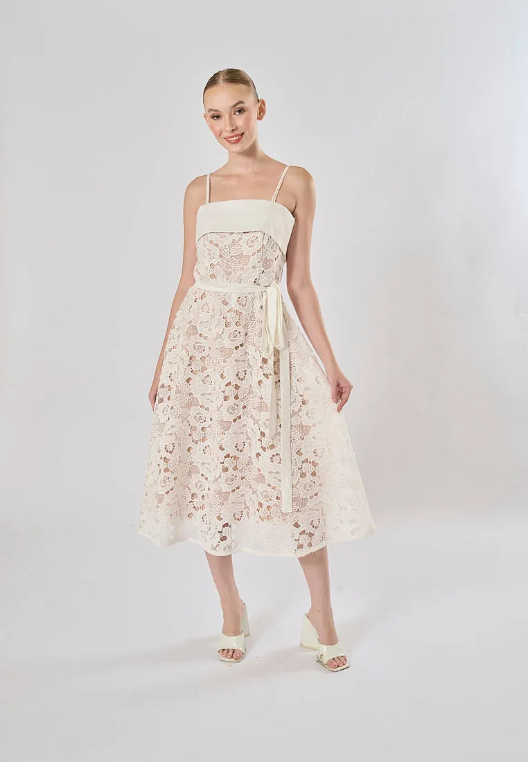 Levant White Floral Embroidery Stitching Lace Up Waist Slimming Camisole Gown Maxi Dress