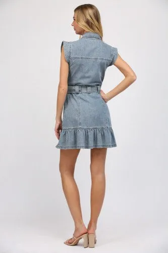 Light Denim Button Front Dress with Flutter Hem