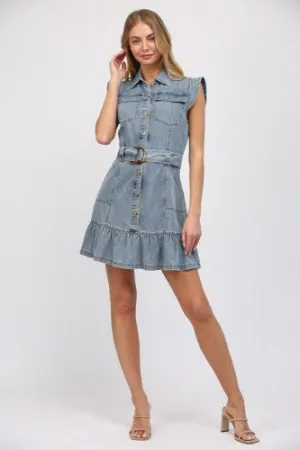 Light Denim Button Front Dress with Flutter Hem