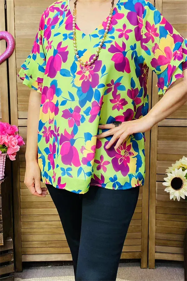 Lime & Purple floral top with ruffle sleeves