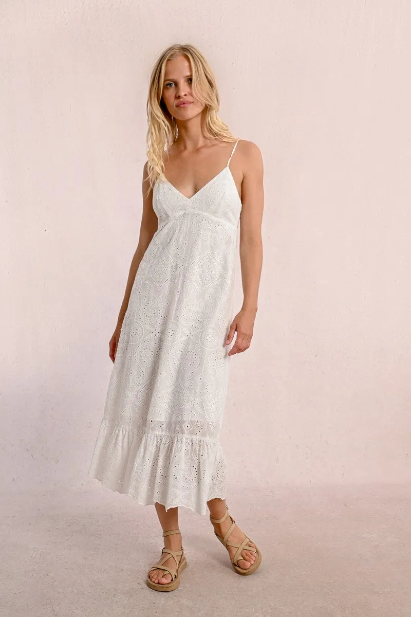 LONG DRESS WITH ENGLISH EMBROIDERY, BACKLESS