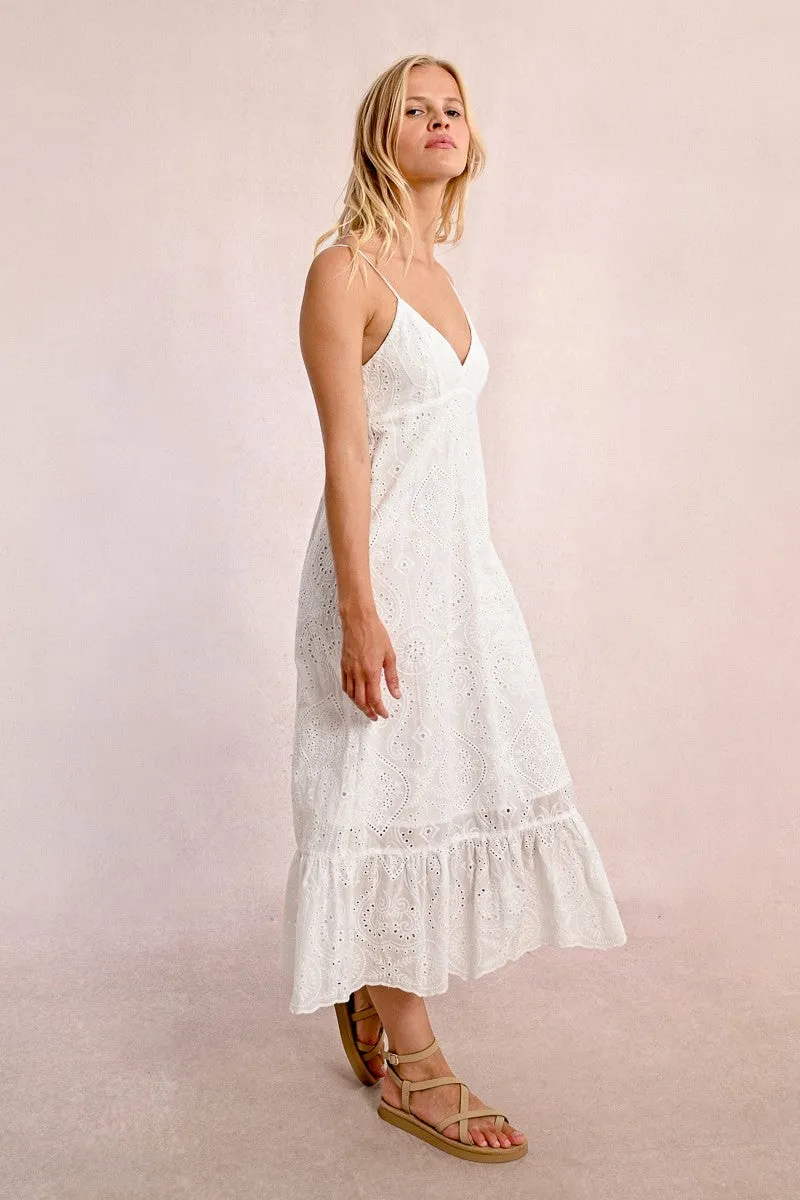 LONG DRESS WITH ENGLISH EMBROIDERY, BACKLESS