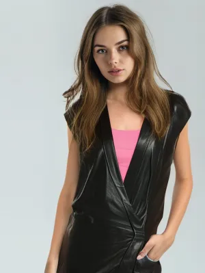 Long Noir Deep-V Leather Vest