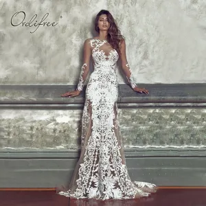 Long Sleeve Mesh Embroidery Floor Length Backless Dress