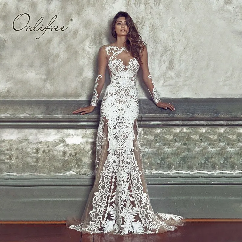Long Sleeve Mesh Embroidery Floor Length Backless Dress