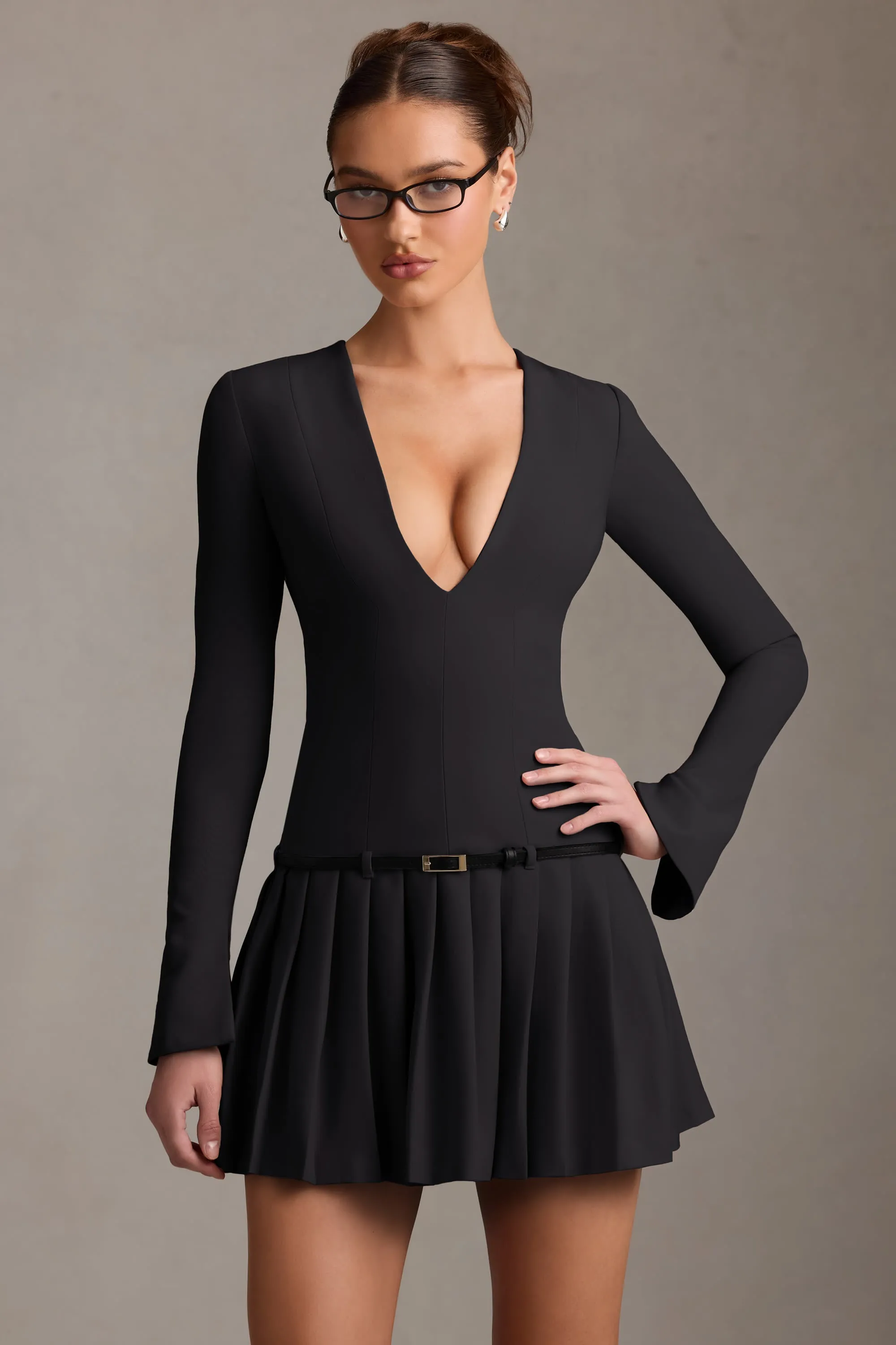 Long-Sleeve Pleated Mini Dress in Black
